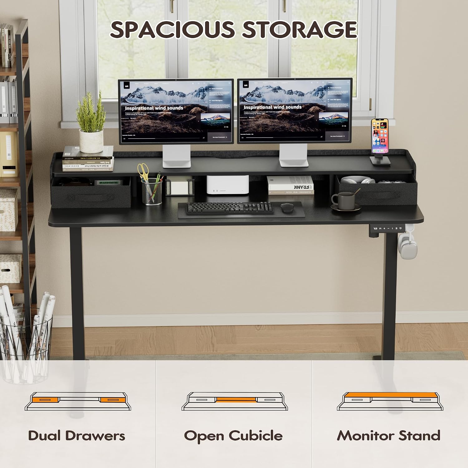 Furmax Electric Standing Desk with Drawers, Stand Up Desk with Storage Shelf Height Adjustable Computer Desk with Organizer for Home Office Ergonomic (Black, 55 Inch)