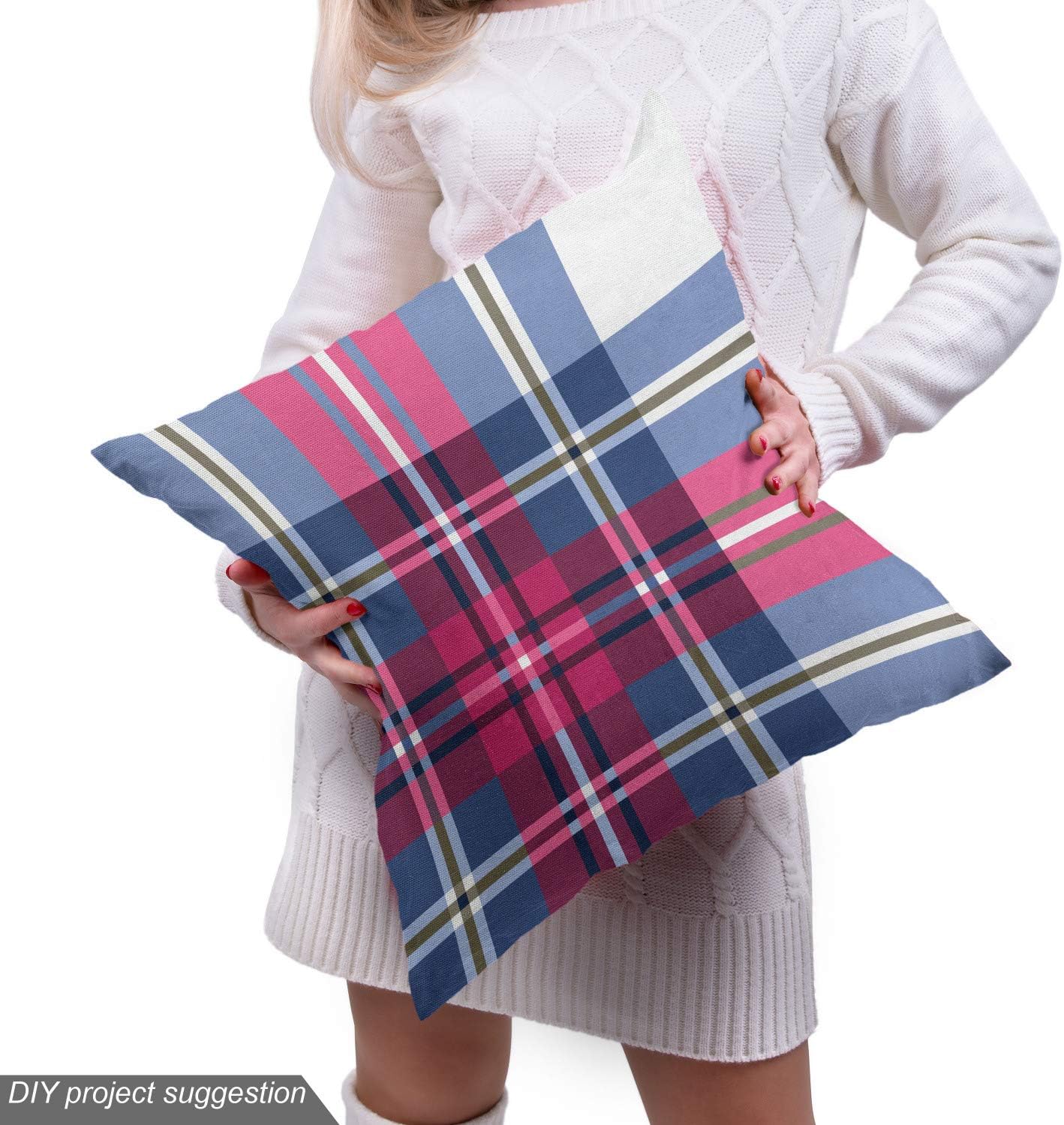 Ambesonne Plaid Fabric by The Yard, Classical British Tartan Design with a Modern Look Pink and Blue Tile Pattern, Decorative Fabric for Upholstery and Home Accents, 10 Yards, Grey Pink