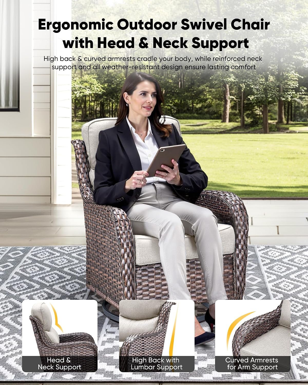 HUMMUH Wicker Patio Furniture Set 6inch Thick Cushion Deep Seat Outdoor Swivel Rocker Patio Chairs Set of 2 with Ottomans Conversation Set for Porch Garden Deck