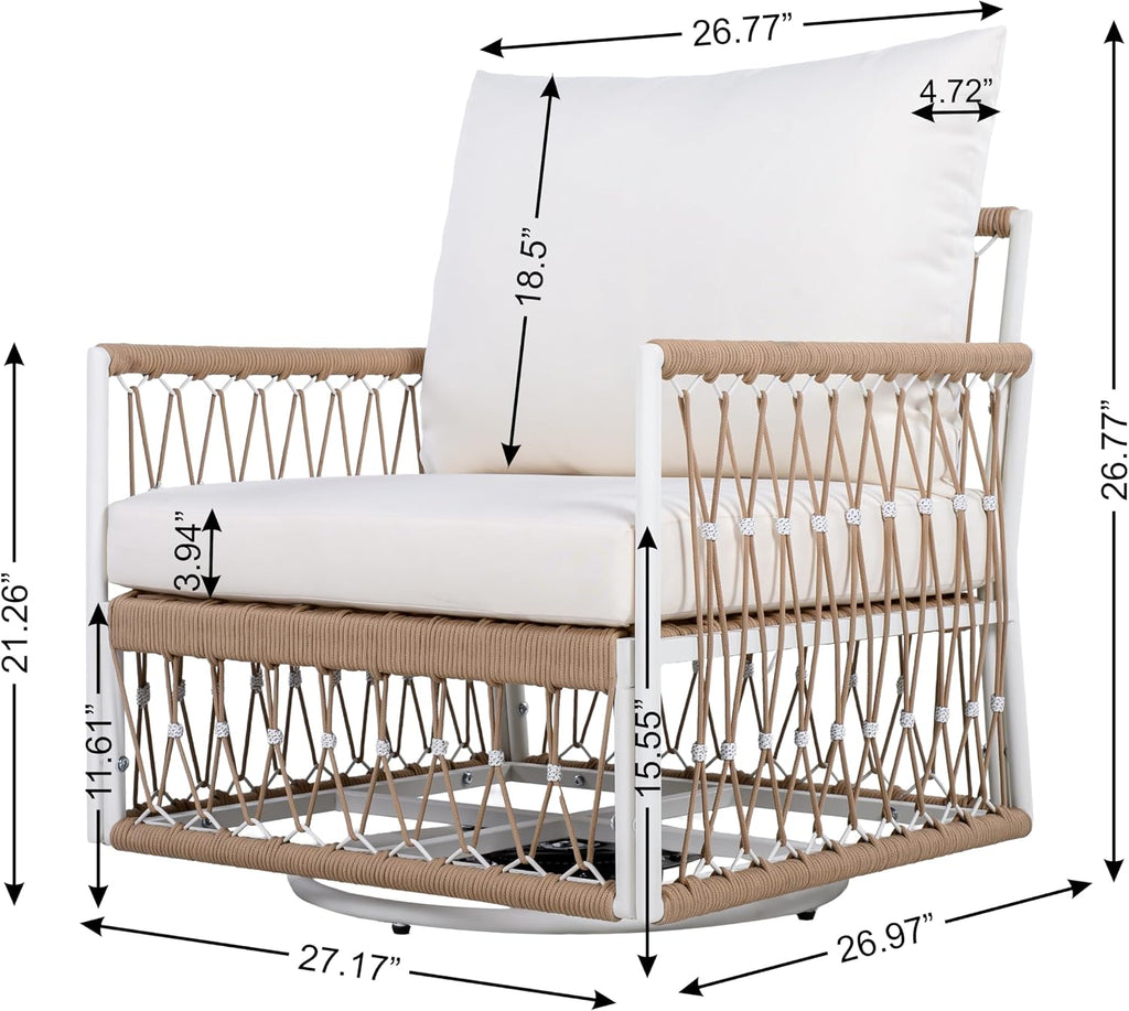 Christopher Knight Home Janna 3-Piece Bohemian Outdoor Patio Furniture Set, Set of 2 Swivel Lounge Chairs with Cushions & Glass Top Side Table, Patio Conversation Set for Garden, Beige + Natural