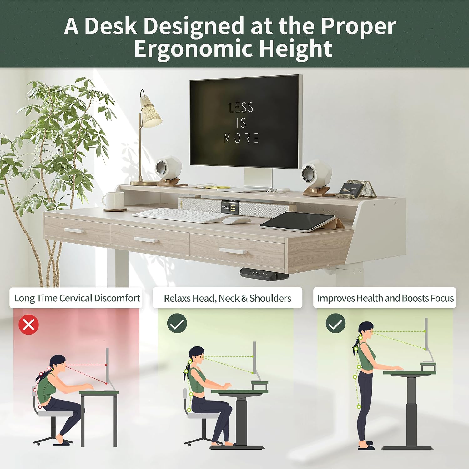 FEZIBO 48x26 Inches Standing Desk with 3 Wooden Drawers and Monitor Shelf, Height Adjustable Computer Desk, Ergonomic Rising Home Office Desks, Sit Stand Up Electric Workstation Table, Light Walnut