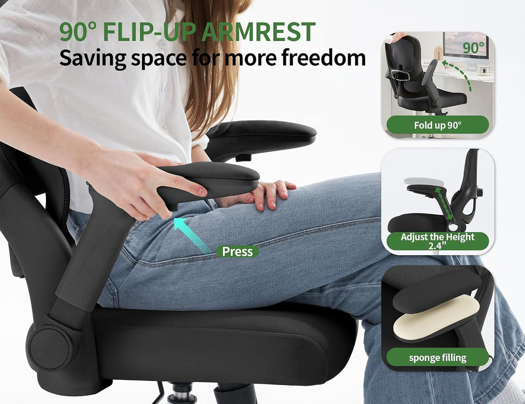 Office Chair Ergonomic Desk Chair Comfy: 400LBS Mesh Computer Chair Ergonomic Gaming Chairs with Wheels Adjustable Lumbar Support and Flip up Armrest-Swivel Executive Chairs Long Hours(Full Black)