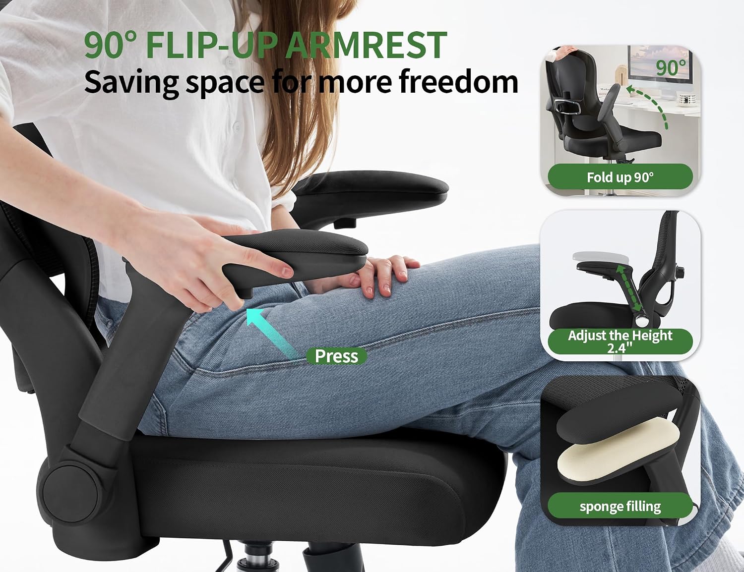 Office Chair Ergonomic Desk Chair Comfy: 400LBS Mesh Computer Chair Ergonomic Gaming Chairs with Wheels Adjustable Lumbar Support and Flip up Armrest-Swivel Executive Chairs Long Hours(Full Black)