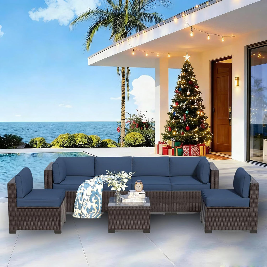 7 Piece Patio Furniture Set, Rattan Outdoor Patio Conversation Sets, Outdoor Sectional Furniture with Thickened Cushions and Coffee Table, for Deck, Backyard, Garden, Dark Brown & Navy Blue