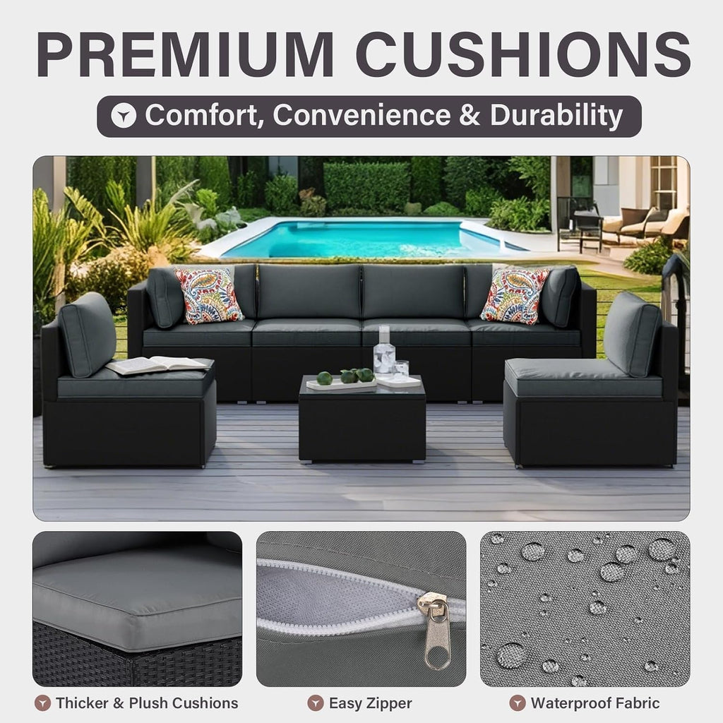 7-Piece Outdoor Patio Furniture Set, Outdoor Couch - Handwoven All-Weather Rattan & 4' Thick Waterproof Cushions, Wicker Outdoor Conversation Sets with Coffee Table for Backyard, 2026, Black/Grey