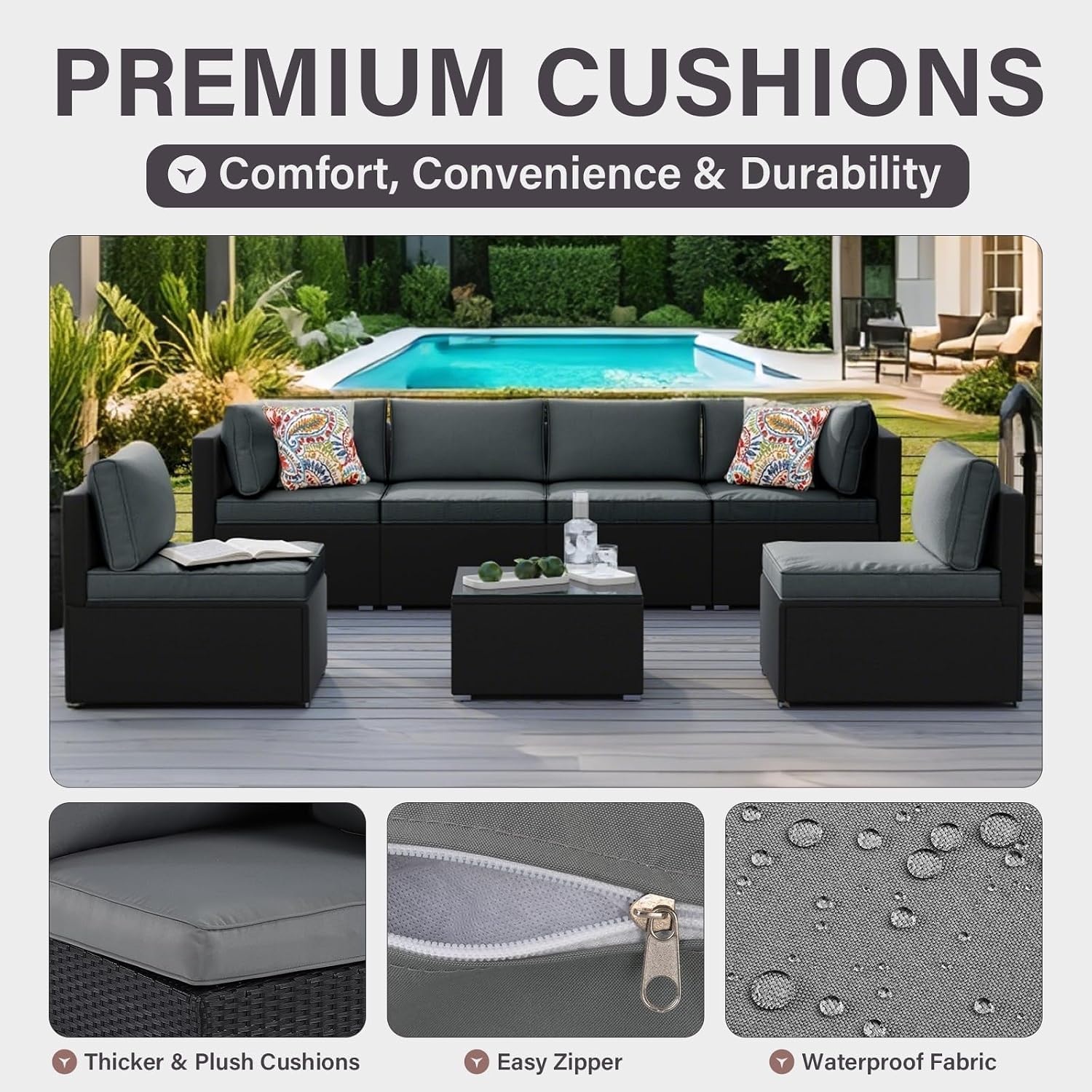 7-Piece Outdoor Patio Furniture Set, Outdoor Couch - Handwoven All-Weather Rattan & 4' Thick Waterproof Cushions, Wicker Outdoor Conversation Sets with Coffee Table for Backyard, 2026, Black/Grey