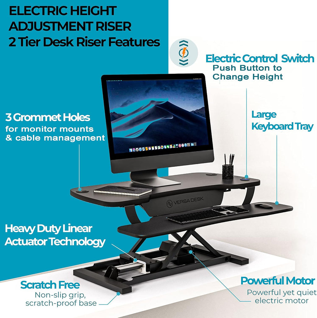 VERSADESK PowerPro™ 36 Inch Electric Standing Desk Converter, Height Adjustable Sit to Stand Up Desk Riser, Laptop and Dual Monitor Desktop Workstation with Wide Keyboard Tray and USB Port, Black