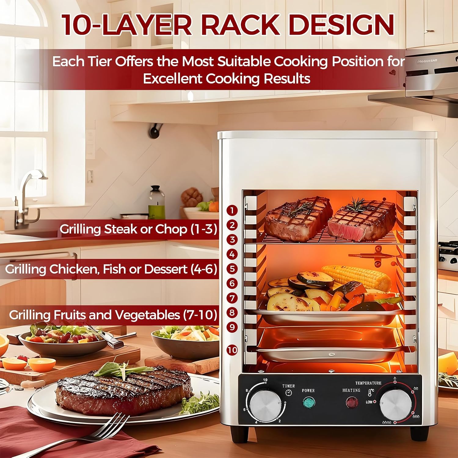 BANGBANGJI Electric Infrared Grill, 1700W Stainless Steel Steak Cooker, Time Temperature Adjustable & 10-Tier Rack, Perfect for Homes, Restaurants Cooking Pizzas, Steaks & Seafood