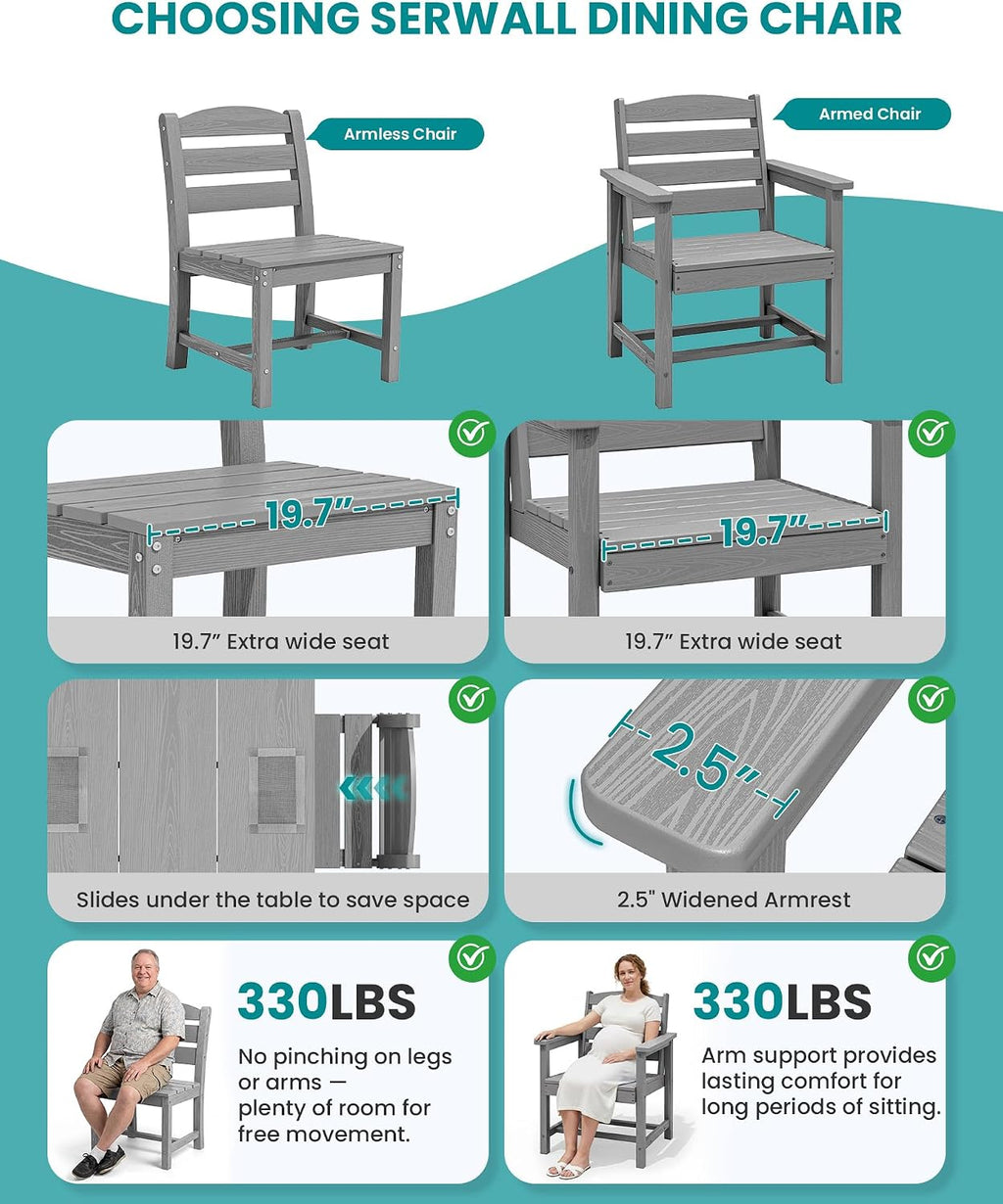 SERWALL Outdoor Dining Sets for 8, Outdoor Dining Sets for 8 Person with 2 Umbrella Hole Cut-Out Rectangular Tables and 8 Chairs, HDPE Dining Sets for Garden, Backyard, Poolside, Sliver Gray