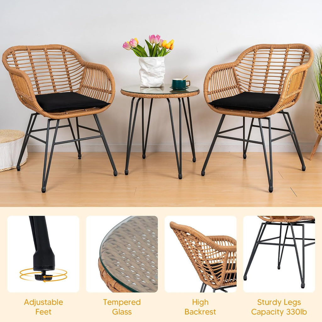 PROHIKER 3 Pieces Outdoor Wicker Bistro Patio Furniture Set, Porch Furniture Rattan Conversation Sets with Side Table and Cushions for Garden Poolside Backyard, Yellow/Black