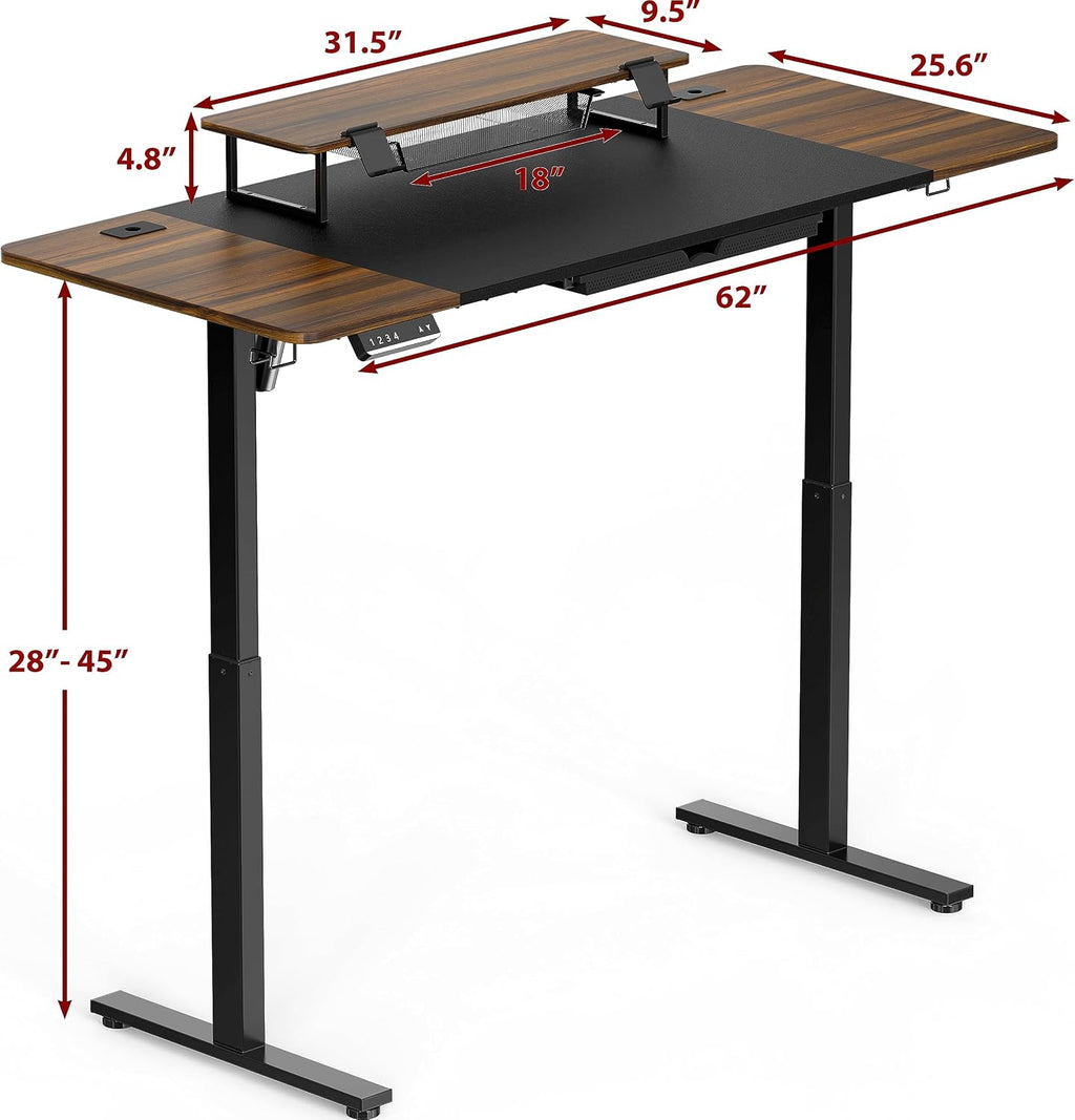 SHW 62-Inch Electric Height Adjustable Standing Desk with Monitor Riser and Drawer, Walnut