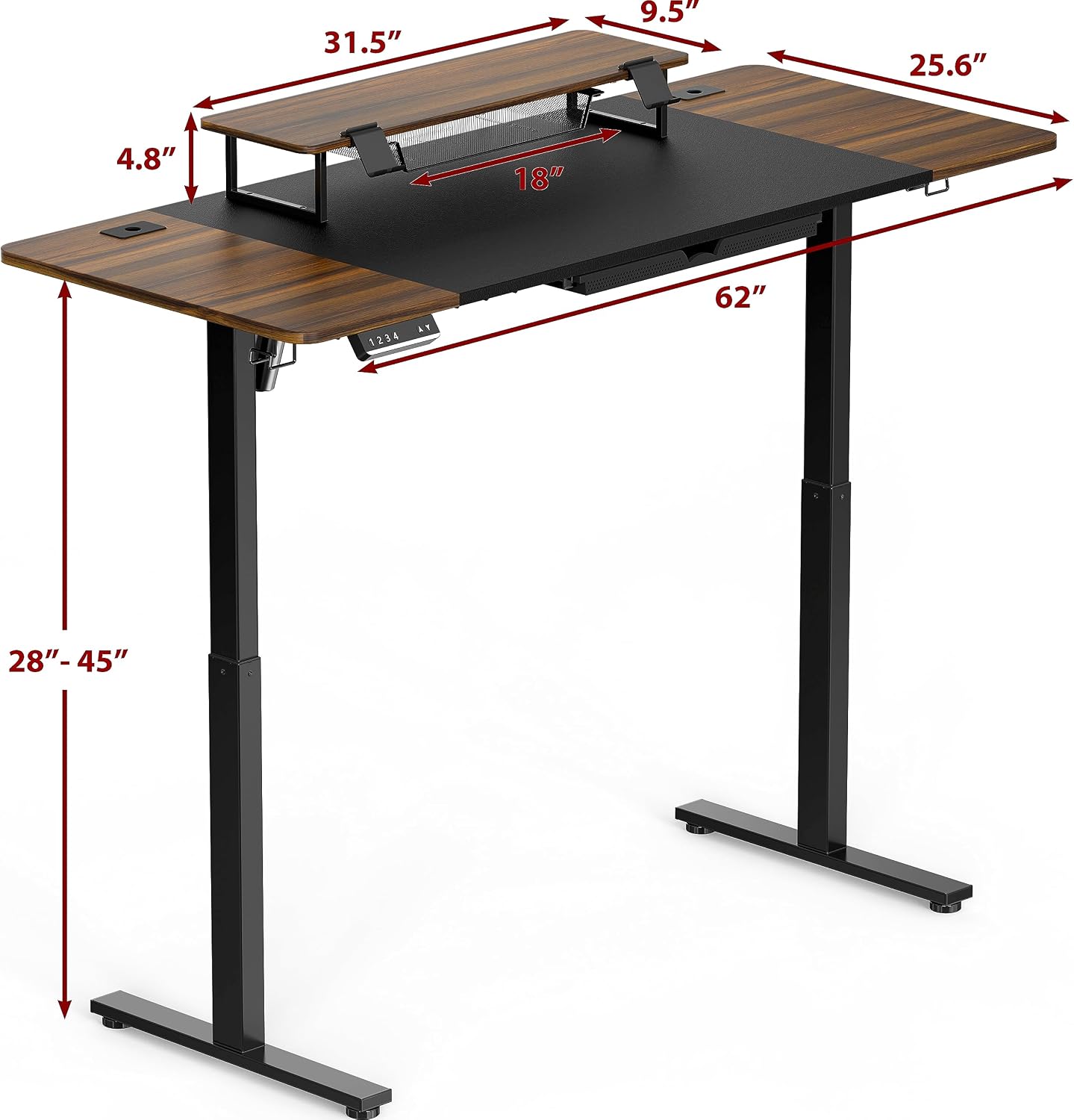 SHW 62-Inch Electric Height Adjustable Standing Desk with Monitor Riser and Drawer, Walnut