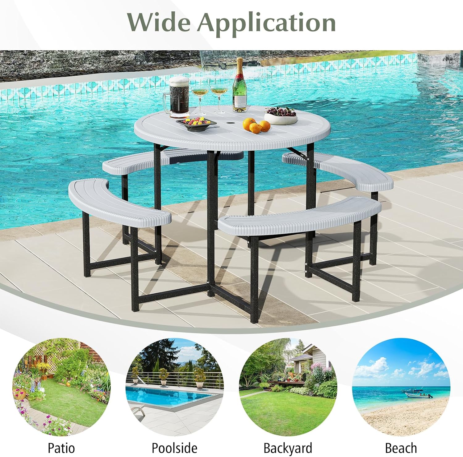 Giantex Picnic Table Bench Set for 4-8 Person, Round 37' Outdoor Dining Table w/Umbrella Hole, HDPE Tabletop, Metal Frame, Patio Furniture Set for Backyard Porch Lawn, 1400lb Capacity (White,Round)