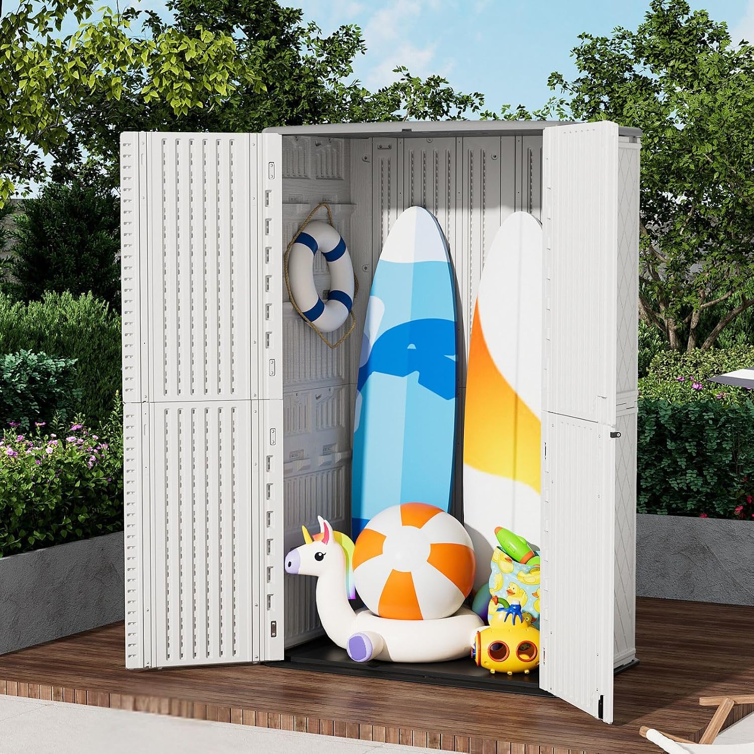 ZZM Large 67 Cu.ft Waterproof Storage Shed, Outdoor Storage Cabinet，Durable Resin Sheds for Patio Furniture, Garden Tools, Pool Accessories, Mower Storage (White)
