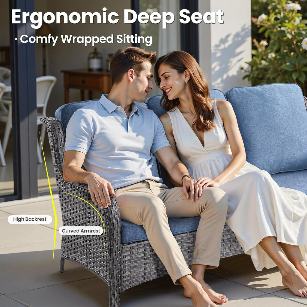ovios 6 Pieces Patio Furniture Set with 30 inch Fire Pit Table, Outdoor Wicker Sofa Couch Loveseat, Swivel Rocking Glider Chairs, Modern Conversation Set, Grey Rattan, Denim Blue