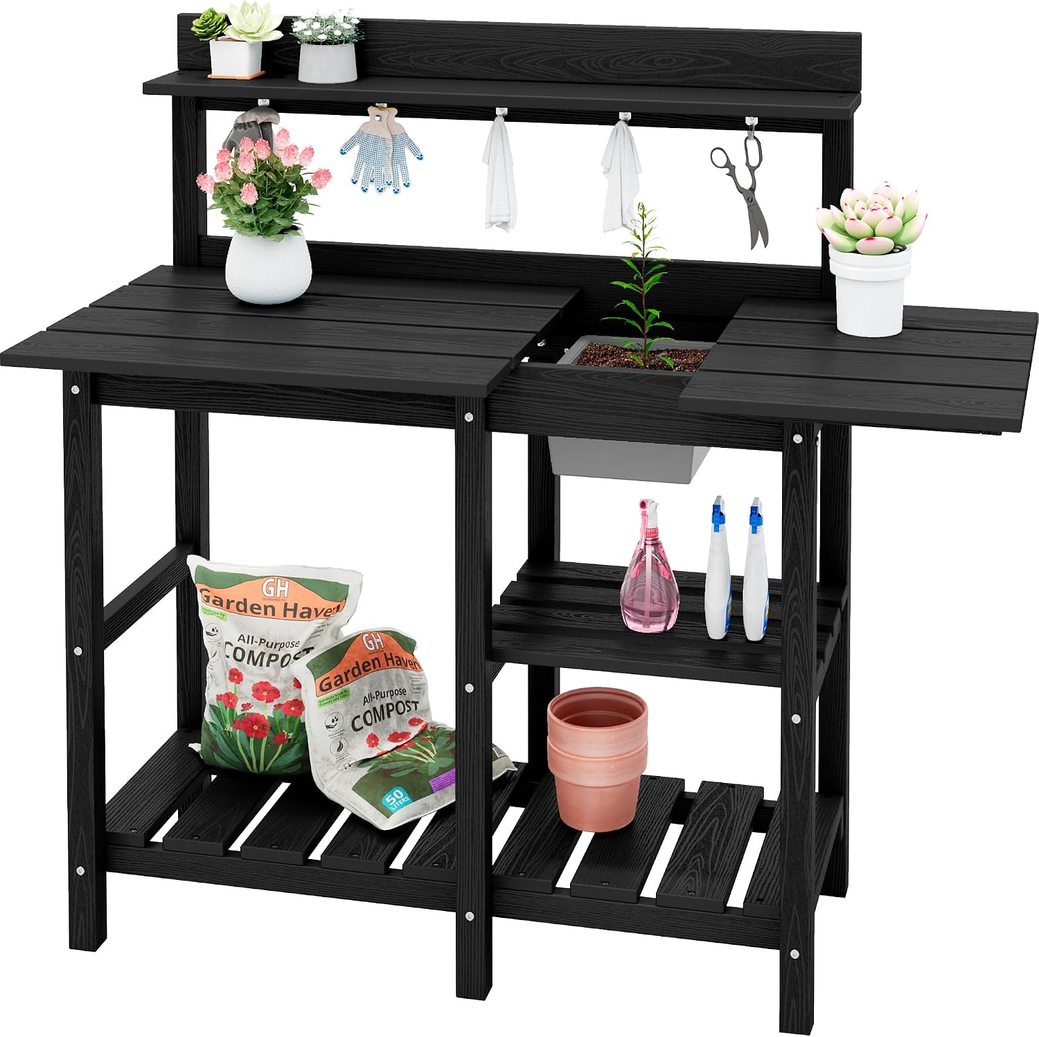 SERWALL Outdoor Potting Bench with Removeable Sink,Rot-Resistant HDPE Potting Table for Outside Gardening, All Weather Use - Black