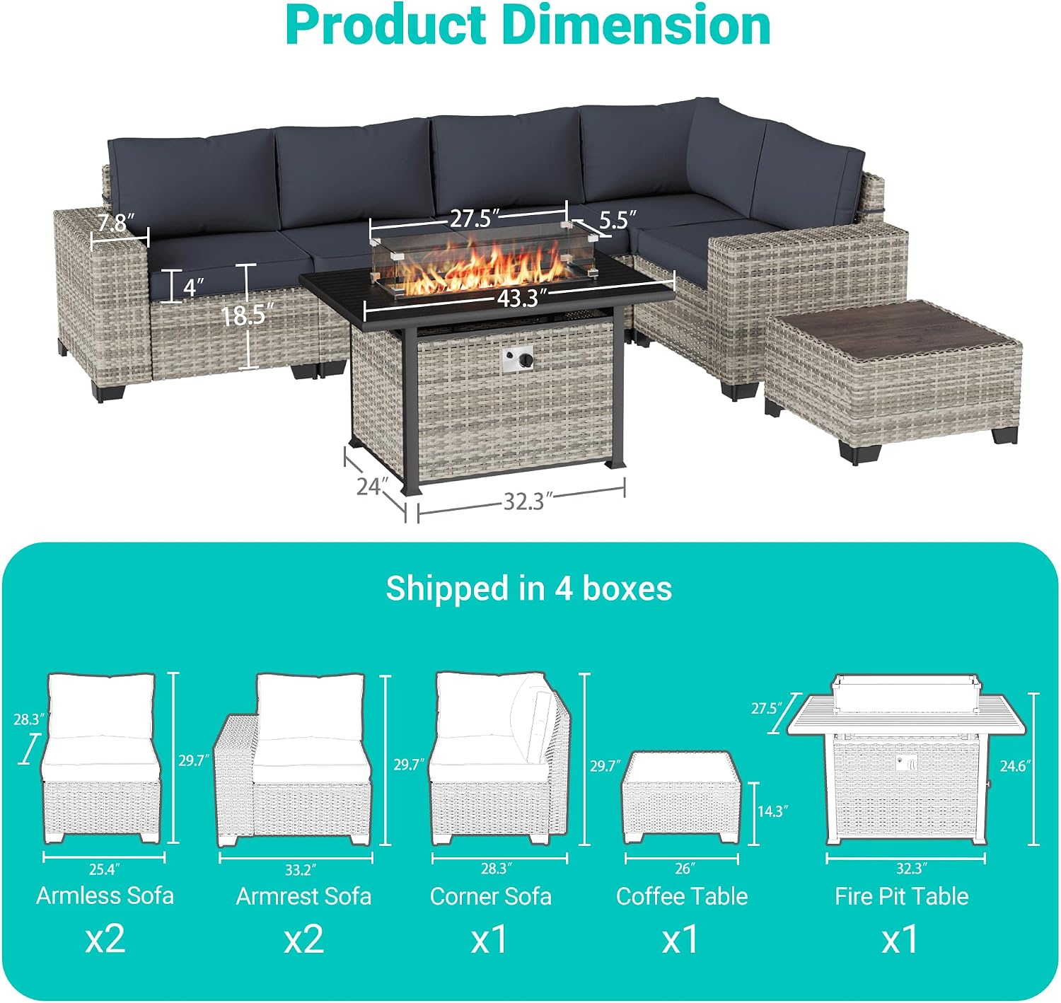 7 Pieces Outdoor Patio Furniture Set with 55,000 BTU Propane Fire Pit Table, PE Wicker Rattan Sectional Sofa Patio Conversation Set with Coffee Table, Dark Grey