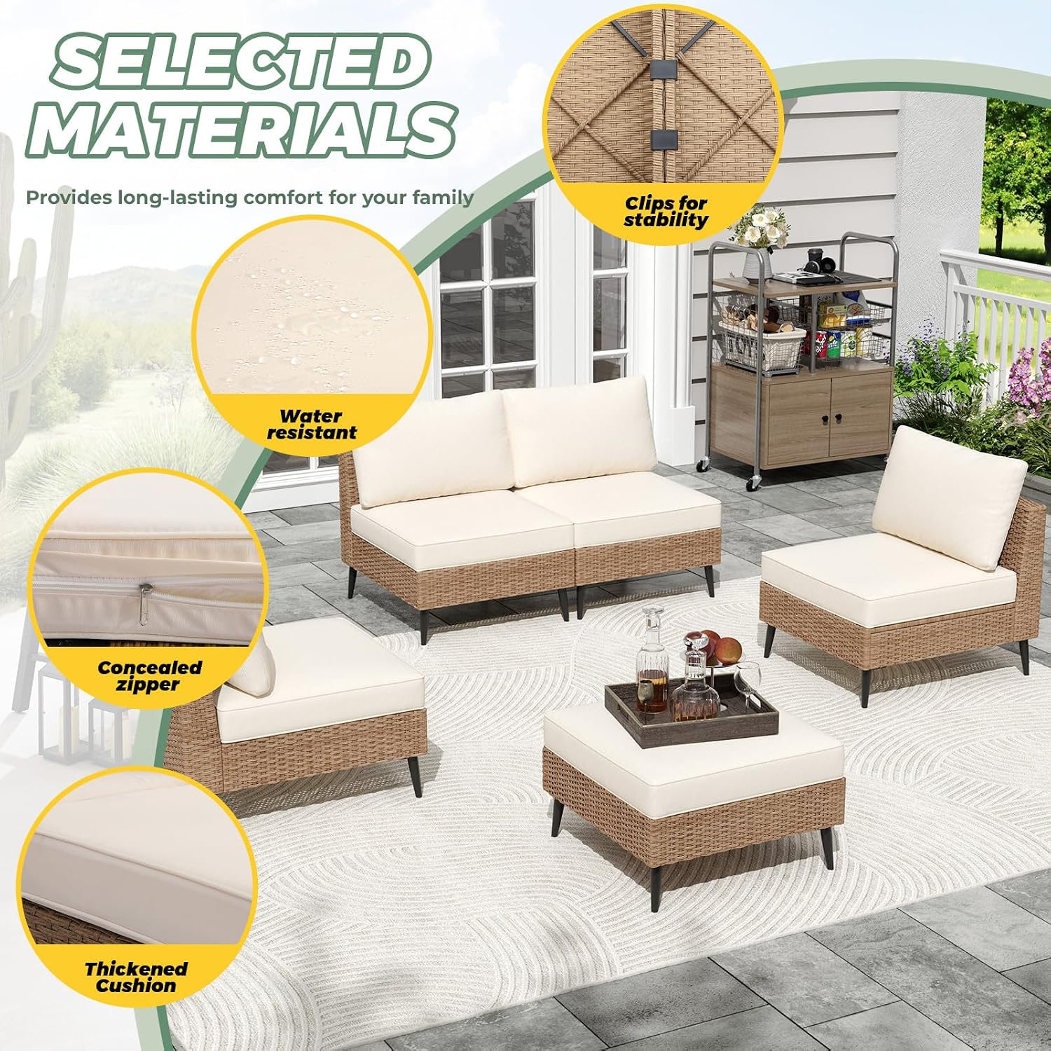 LVUYOYO 5 Pieces Outdoor Patio Furniture Set, Wicker Sectional Sofa Couch, Rattan Conversation Sets with Cushions for Deck, Backyard, Porch (Khaki)