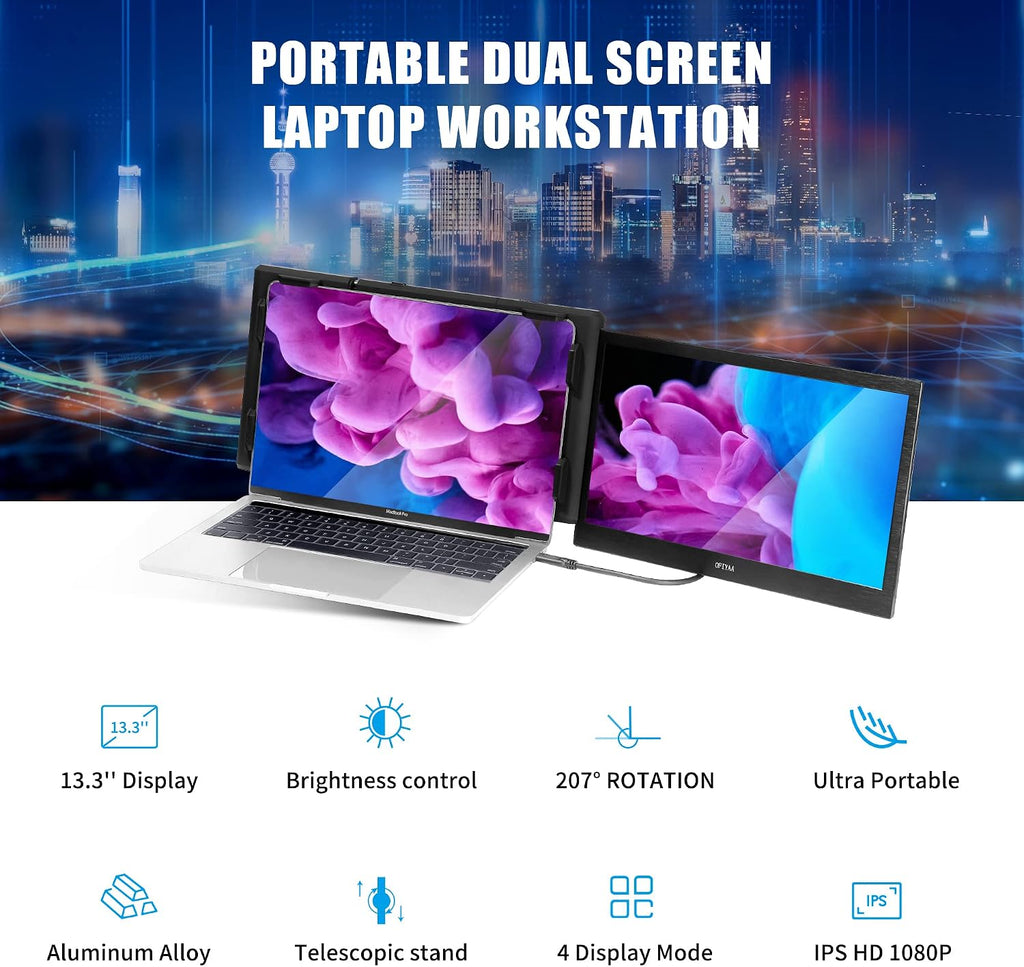 Alecewey Portable Monitor for Laptop Screen Extender Dual Monitor 13.3 inch FHD 1080P IPS Display 2 Type-C/HDMI, for 13.3-16.5 inch Computer Mac Windows Phone