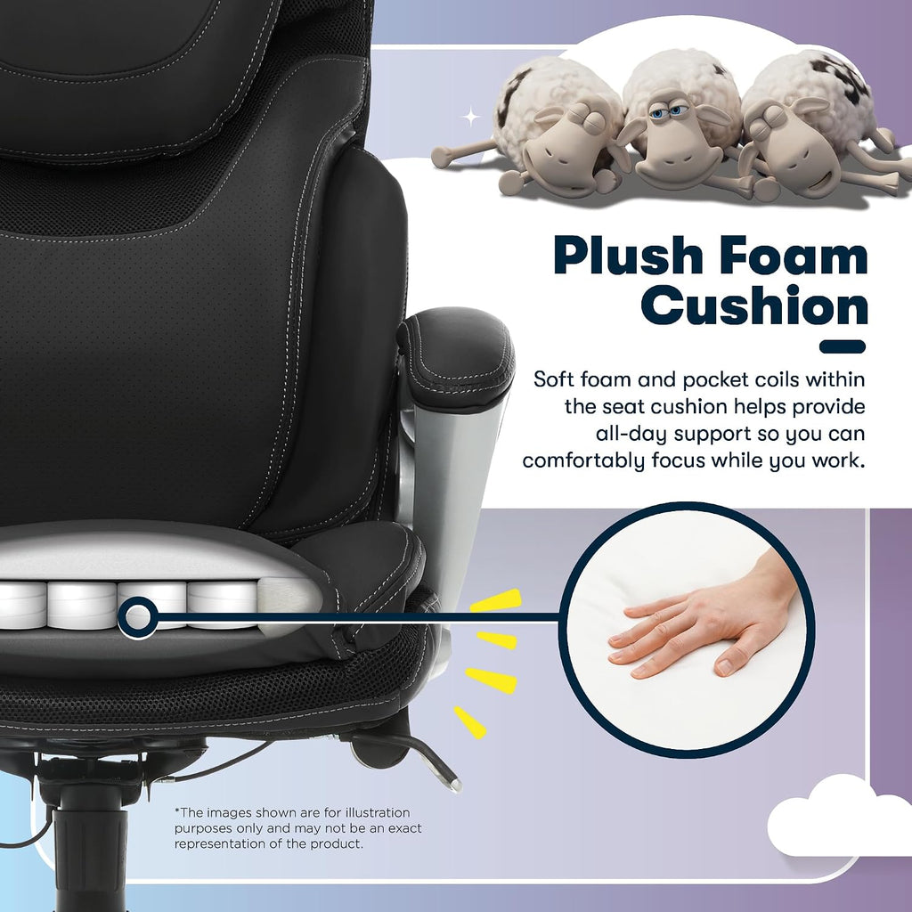Serta Bryce Executive Office Chair - Ergonomic Computer DeskChair with Lumbar Technology - Adjustable Height - Memory Foam Body Pillows - 360° Swivel Rolling Base - Bonded Leather - Black