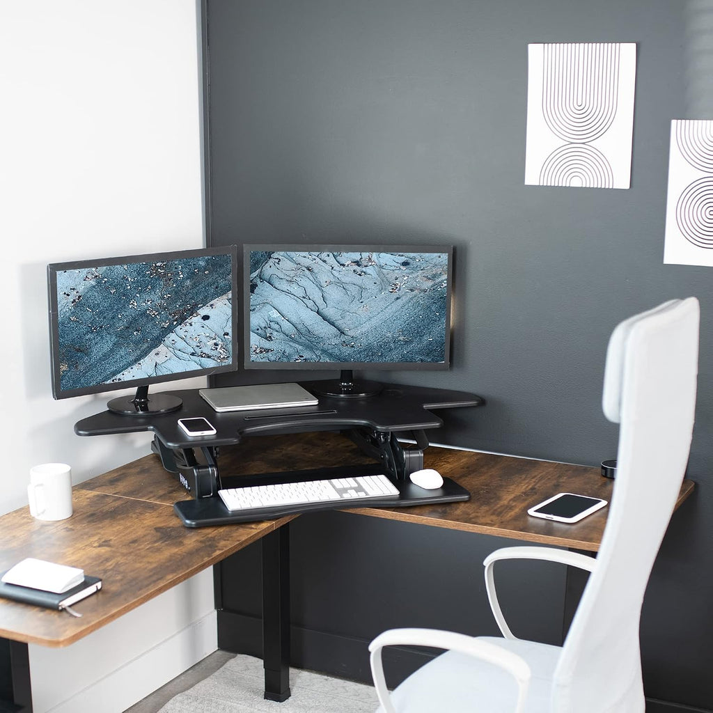 VIVO 43 inch Corner Height Adjustable Cubicle Stand Up Desk Converter, V Series, Quick Sit to Stand Tabletop Dual Monitor Riser Workstation, Black, DESK-V000VC