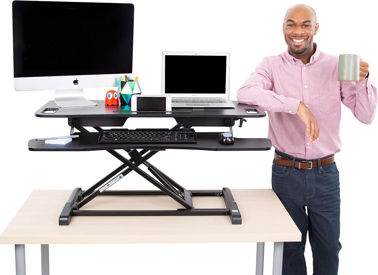 Flexpro Hero 37 Inch Standing Desk Converter, for Office and Home, Height Adjustable, 2 Level Sit to Stand Workspace with Keyboard Shelf & Monitor Riser, Sit or Stand (Black, 37 x 18 x 4.5 to 20)