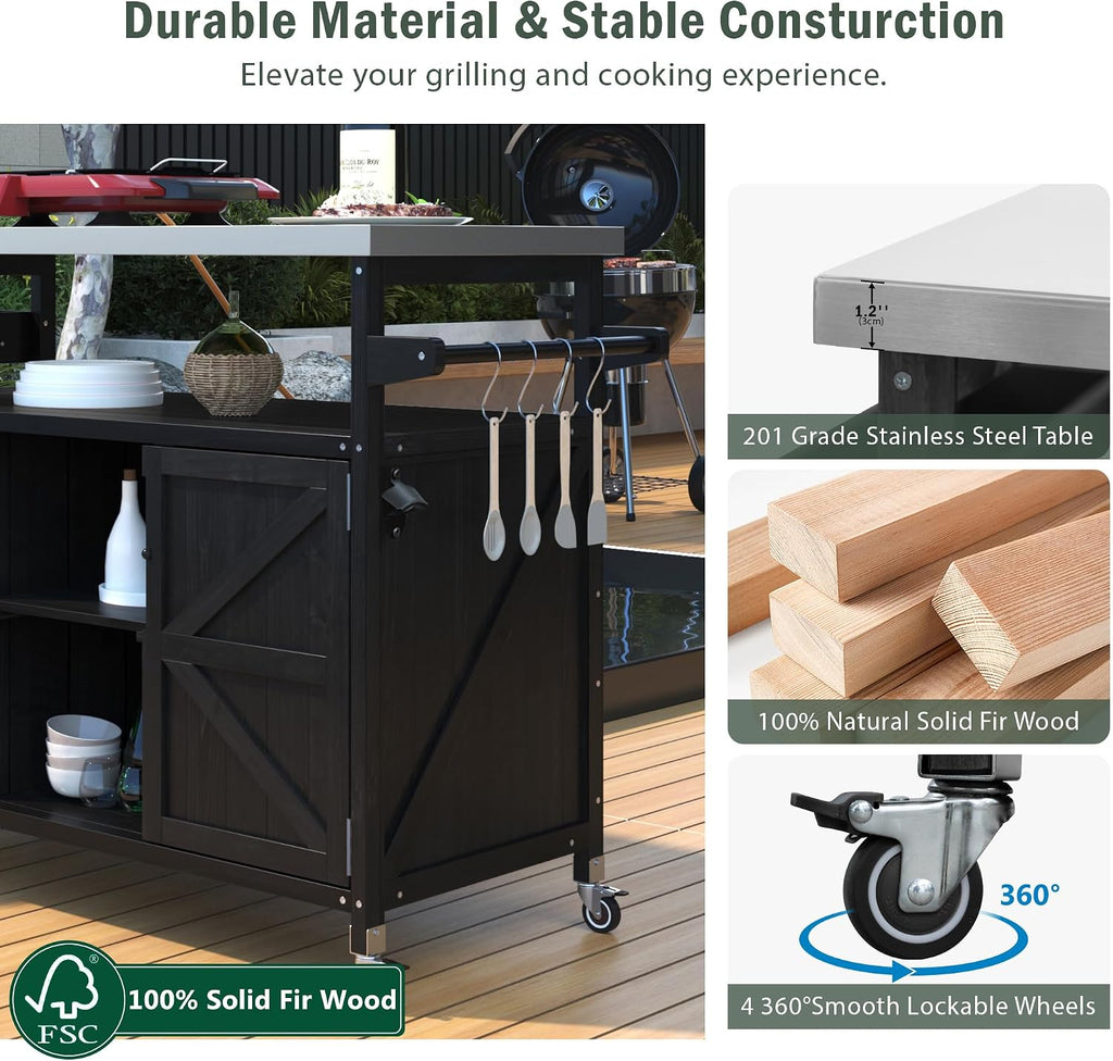 50.25' W Black Grill Cart with Stainless Steel Tabletop - Outdoor Storage Cabinet for BBQ, Bar Patio Kitchen Island with Ample Storage and Lockable Wheels