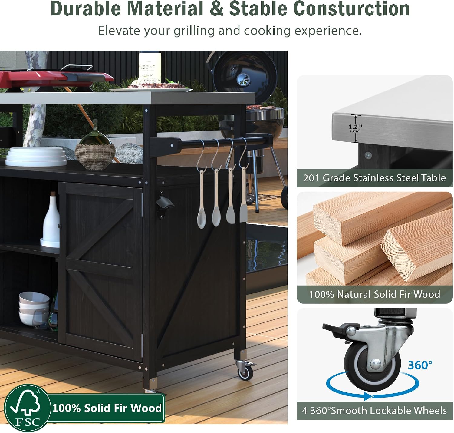 50.25' W Black Grill Cart with Stainless Steel Tabletop - Outdoor Storage Cabinet for BBQ, Bar Patio Kitchen Island with Ample Storage and Lockable Wheels