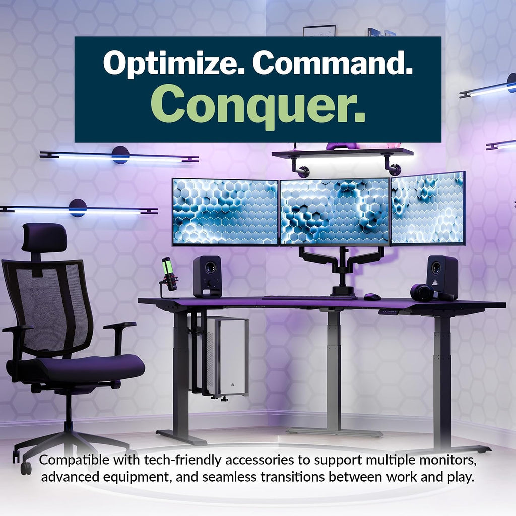 Vari Command Center Electric Standing Desk – 120° Curved Sit-Stand Gaming Desk Corner Workstation for Triple Monitors + Sloped Front Edge, 4 Height Settings, 200 lb Capacity (Black Top/Slate Legs)