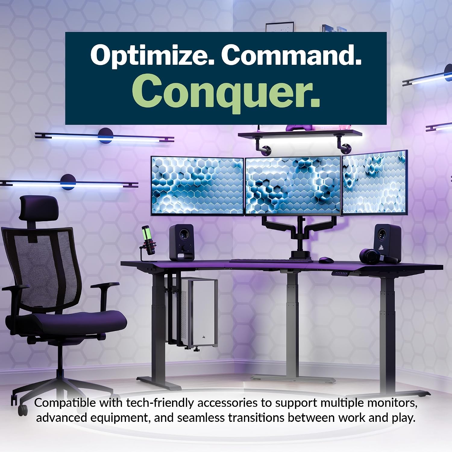 Vari Command Center Electric Standing Desk – 120° Curved Sit-Stand Gaming Desk Corner Workstation for Triple Monitors + Sloped Front Edge, 4 Height Settings, 200 lb Capacity (Black Top/Slate Legs)