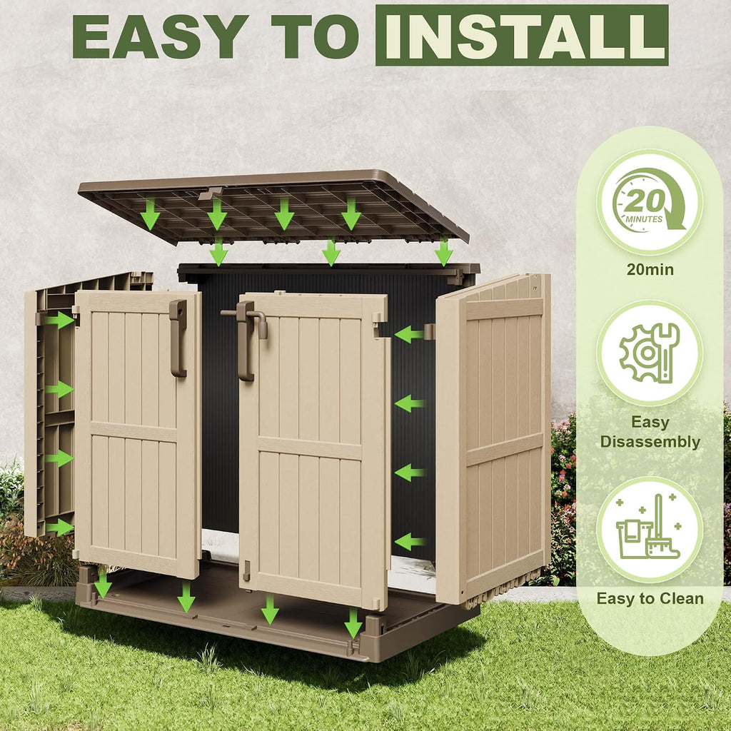 36 Cu Ft Resin Outdoor Storage Shed, Weatherproof Horizontal Outdoor Storage Cabinet with Dual Lock Door for Backyard, Patio, Garage, Garden(Brown-Beige)