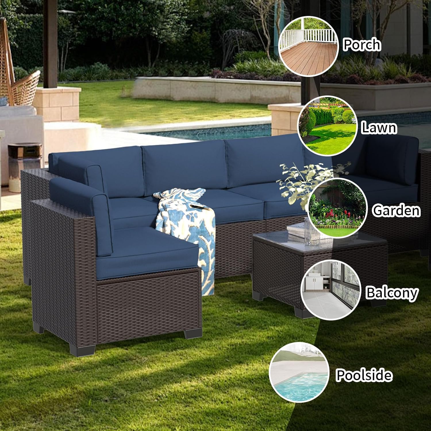 7 Piece Patio Furniture Set, Wicker Patio Conversation Sets, Outdoor Sectional Furniture with Tempered Glass Table, for Backyard, Deck, Garden, Dark Brown Rattan & Navy Blue Cushions