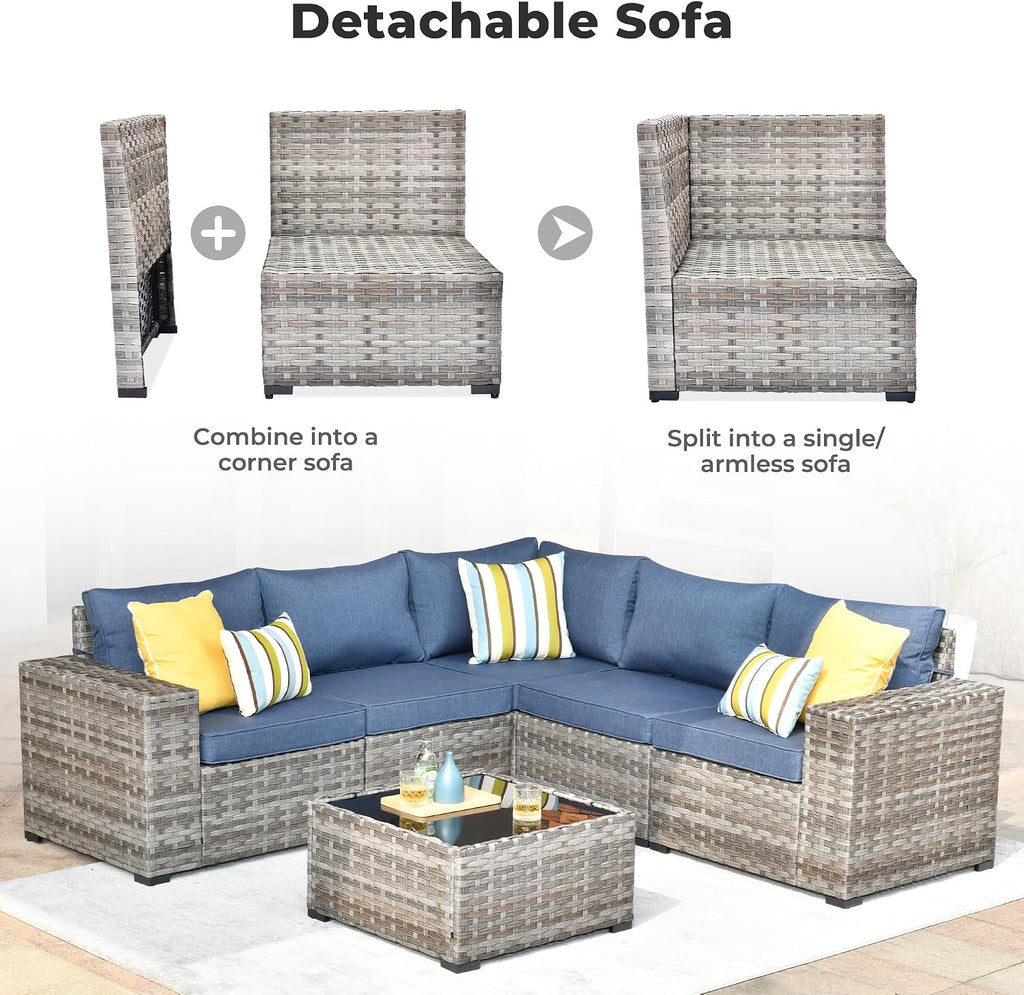 ovios 6 Pieces Patio Furniture Set, Outdoor Wicker Sectional Sofa with Coffee Table Comfy Cushions, Modern Modular Deep Seat Couch Rattan Conversation Set, Denim Blue