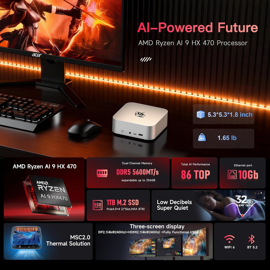 Beelink SER10 MAX Mini PC, AMD Ryzen AI 9 HX 470(12C/24T,Up to 5.2GHz), AMD Radeon 890M Graphics, 32GB DDR5 1TB SSD, 10G LAN/USB4.0/4K 240Hz Triple Display/WiFi6,BT5.2,Home/Office mini Computer