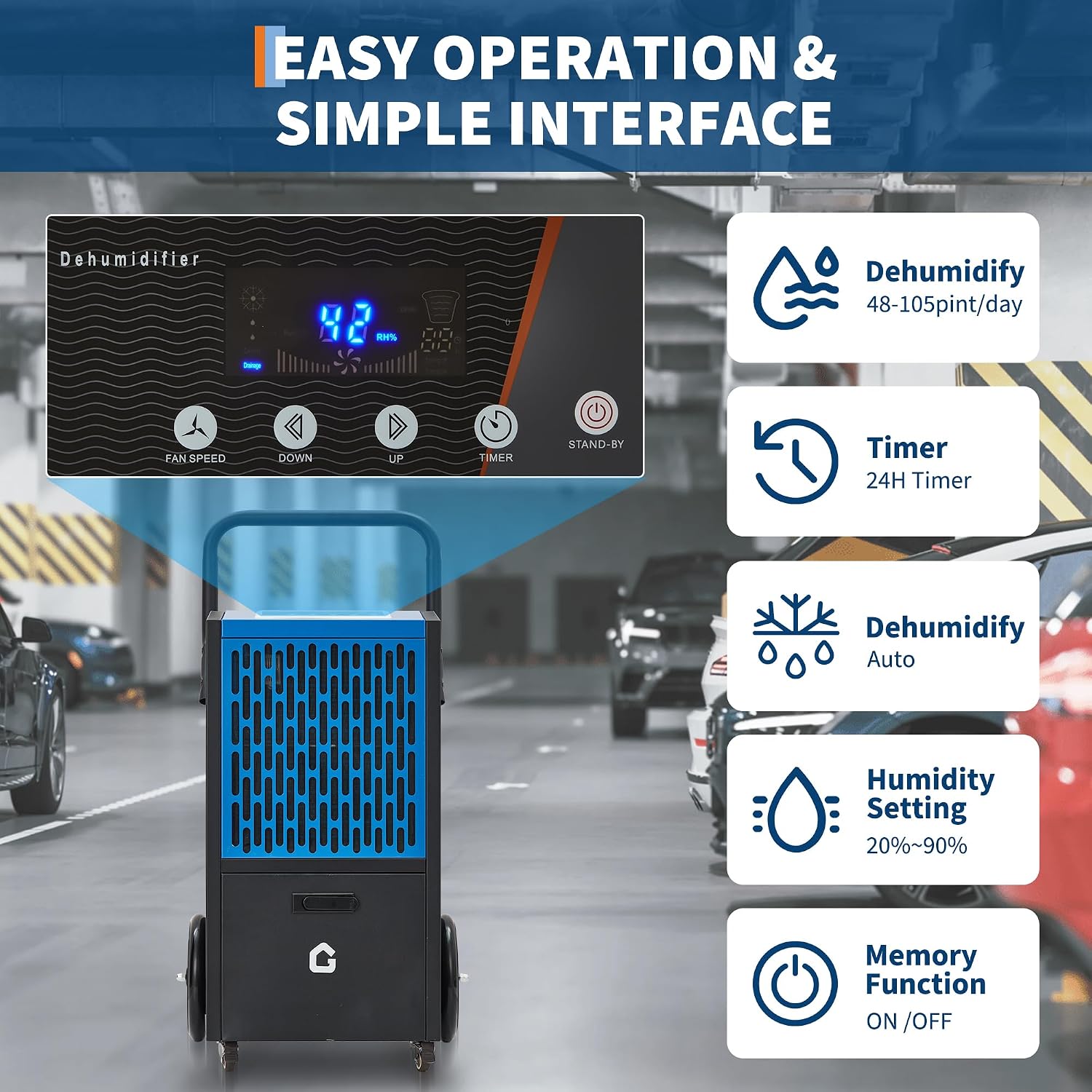 Garvee 105 pt Commercial Dehumidifier with Pump and Drain Hose Portable Industrial Heavy Duty Removal Dehumidifiers for Basements with Auto Drain,Powerful Humidity Control for Large Spaces