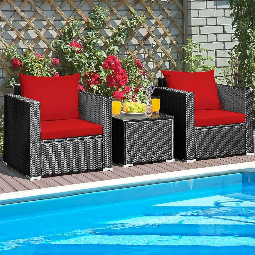 HAPPYGRILL 3 Piece Patio Furniture Set Rattan Wicker Patio Conversation Set with Coffee Table and Cushions Outdoor Sofa Set for Garden Balcony Porch Poolside