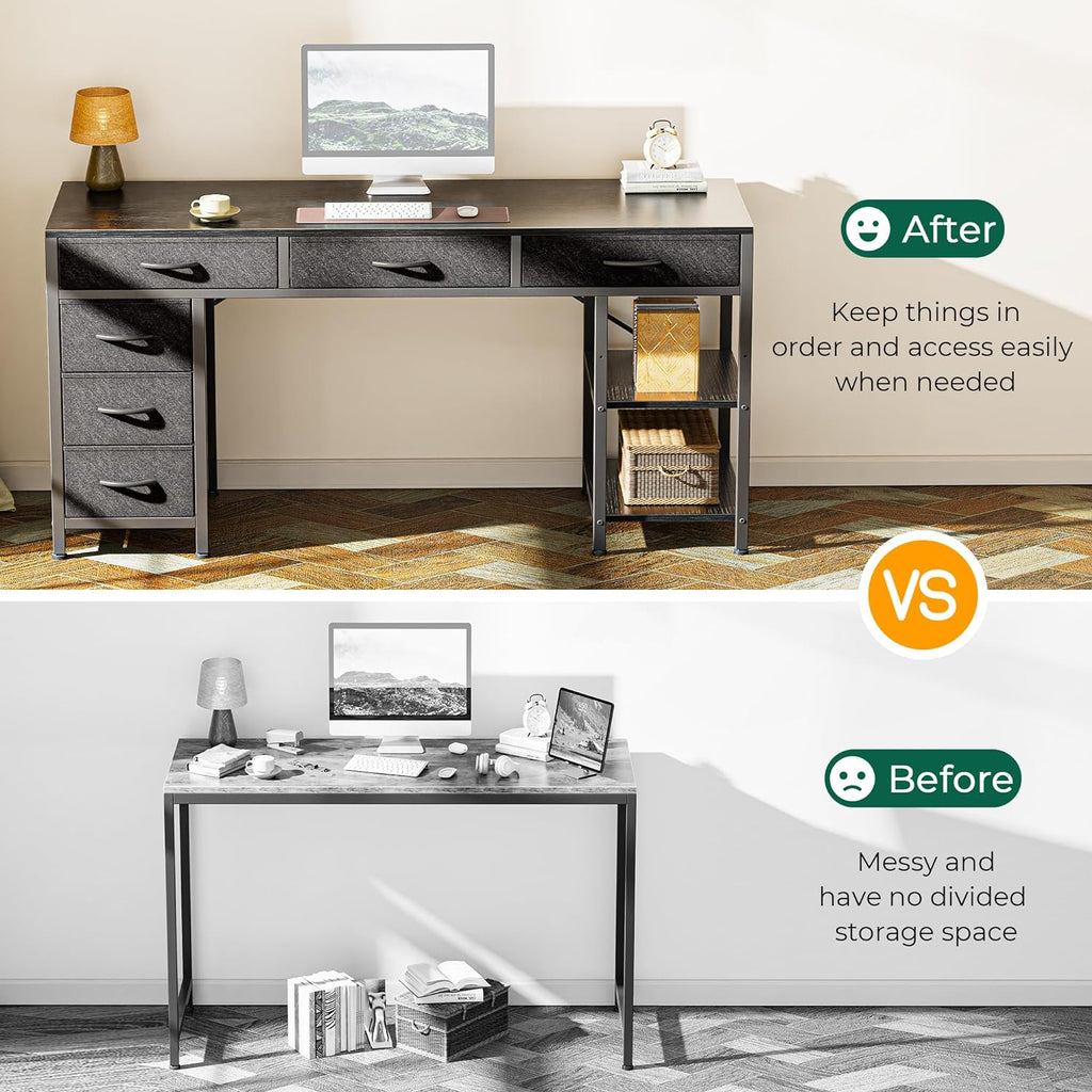 Huuger Computer Desk with 6 Drawers, Office Desk with Shelves, Reversible Gaming Desk, Corner Desk with Storage, Work for Home Office, Study, Living Room, 54inch, Black