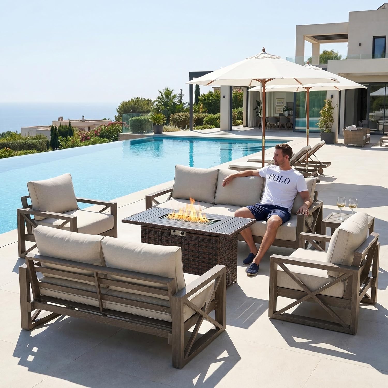 UDPATIO Aluminum Patio Furniture Set, Faux Wood Grain Modern Outdoor Furniture, 6' Cushions Metal Patio Conversation Sofa with Coffee Table for Poolside Deck, 5 PCS, Dark Grey(Include 600D Covers)