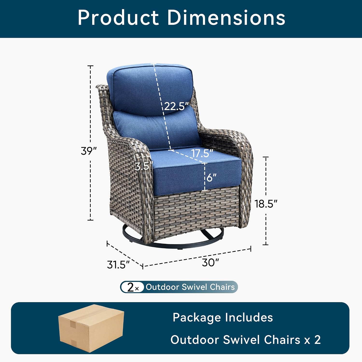 Luxury High Back Outdoor Swivel Rocker Patio Chairs with Side Table & 6-Inch Thick Cushions, 2 Pieces Patio Furniture Set for Porch, Balcony, Deck and Yard