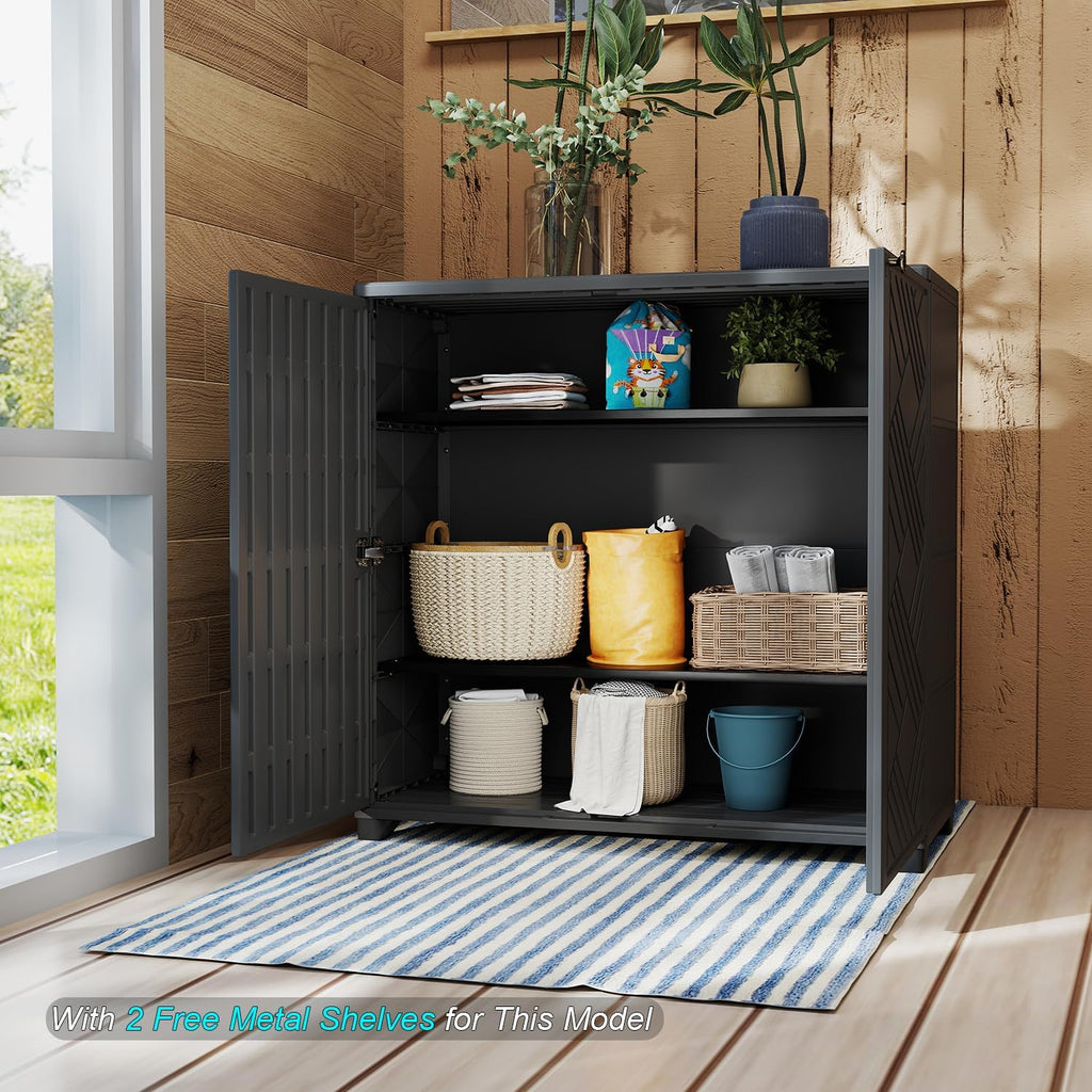 HOMSPARK Indoor/Outdoor Storage Cabinet with Doors and 2 Metal Shelves, 34'x15'x34' HDPE Plastic Storage Box for Patio, Garden, Enterway, Balcony, Multi-Purpose for Daily Tools, Black