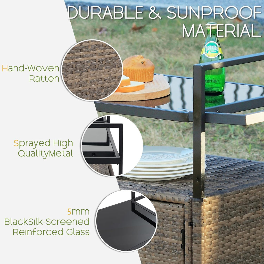 Wicker Outdoor Bar Cart - Brown Patio Console Table Buffet Storage Cabinet Serving Kitchen Cart with Wheels for Outside Backyard