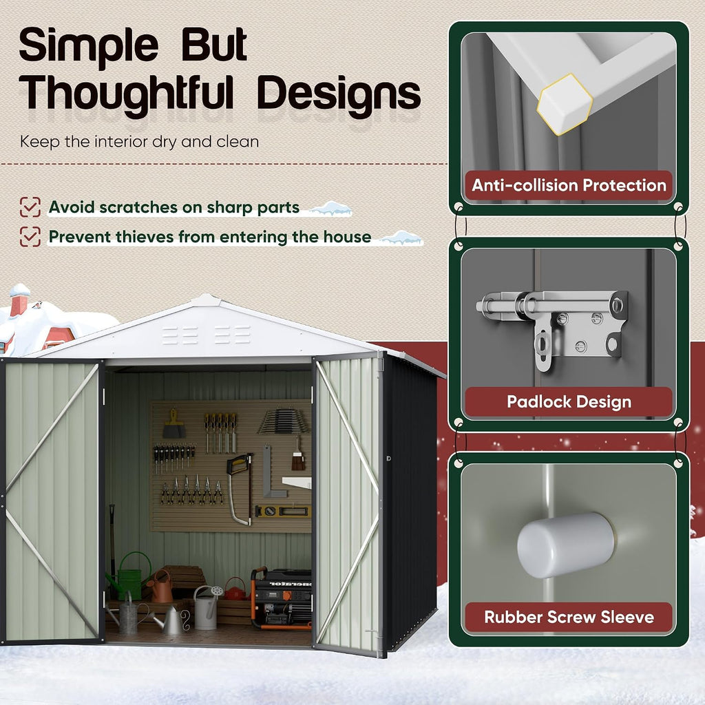 GUNJI 8 x 6 FT Shed Outdoor Storage Shed Metal Garden Shed with Lockable Door Outside Waterproof Tool Shed for Backyard, Patio, Lawn (Gray)