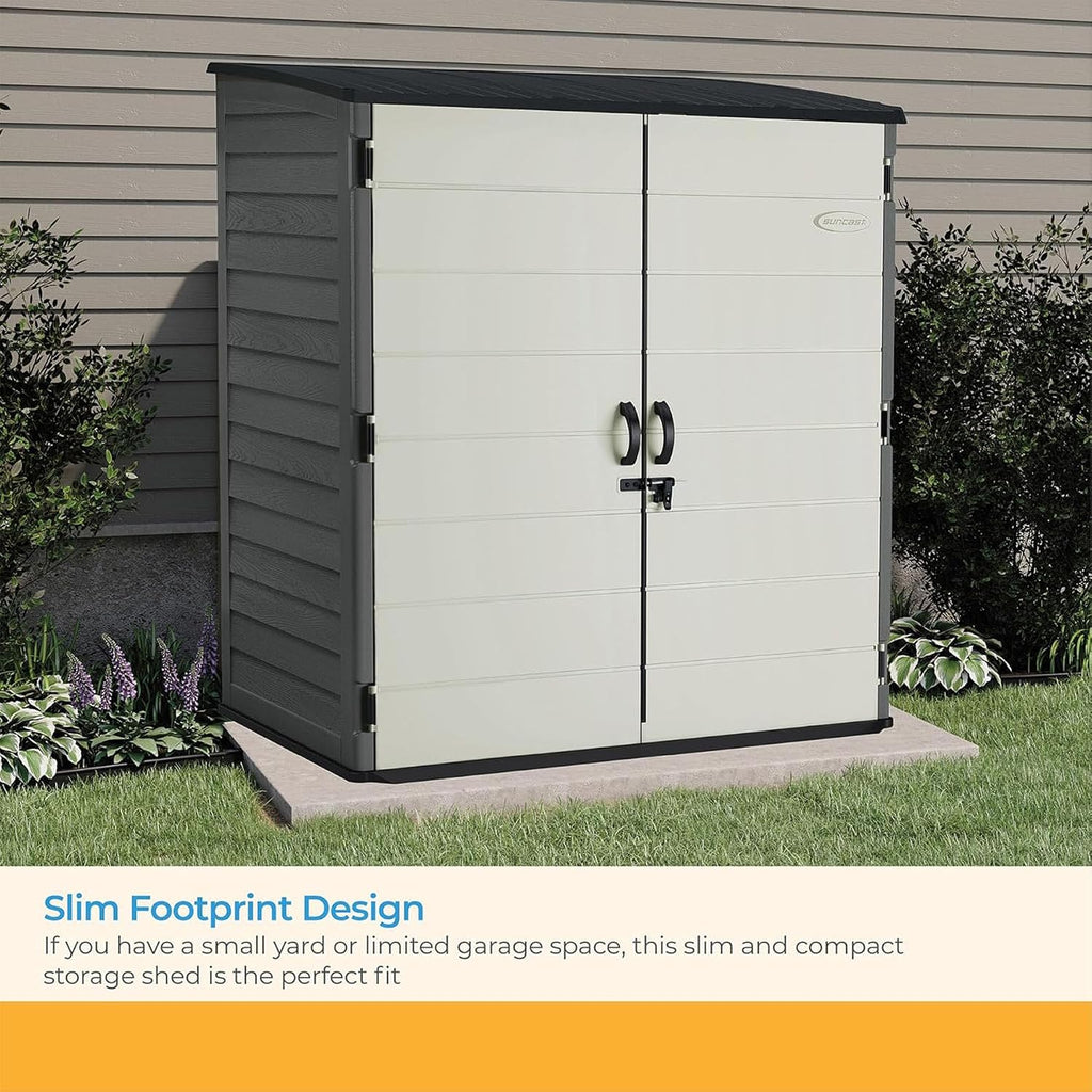 Suncast 106 Cu Ft Extra Large Vertical Outdoor Storage Shed - Resin Shed & Outdoor Storage with Floor and Lockable Double Doors, Weatherproof for Garden Tools, Pool Equipment, & Patio Cushions