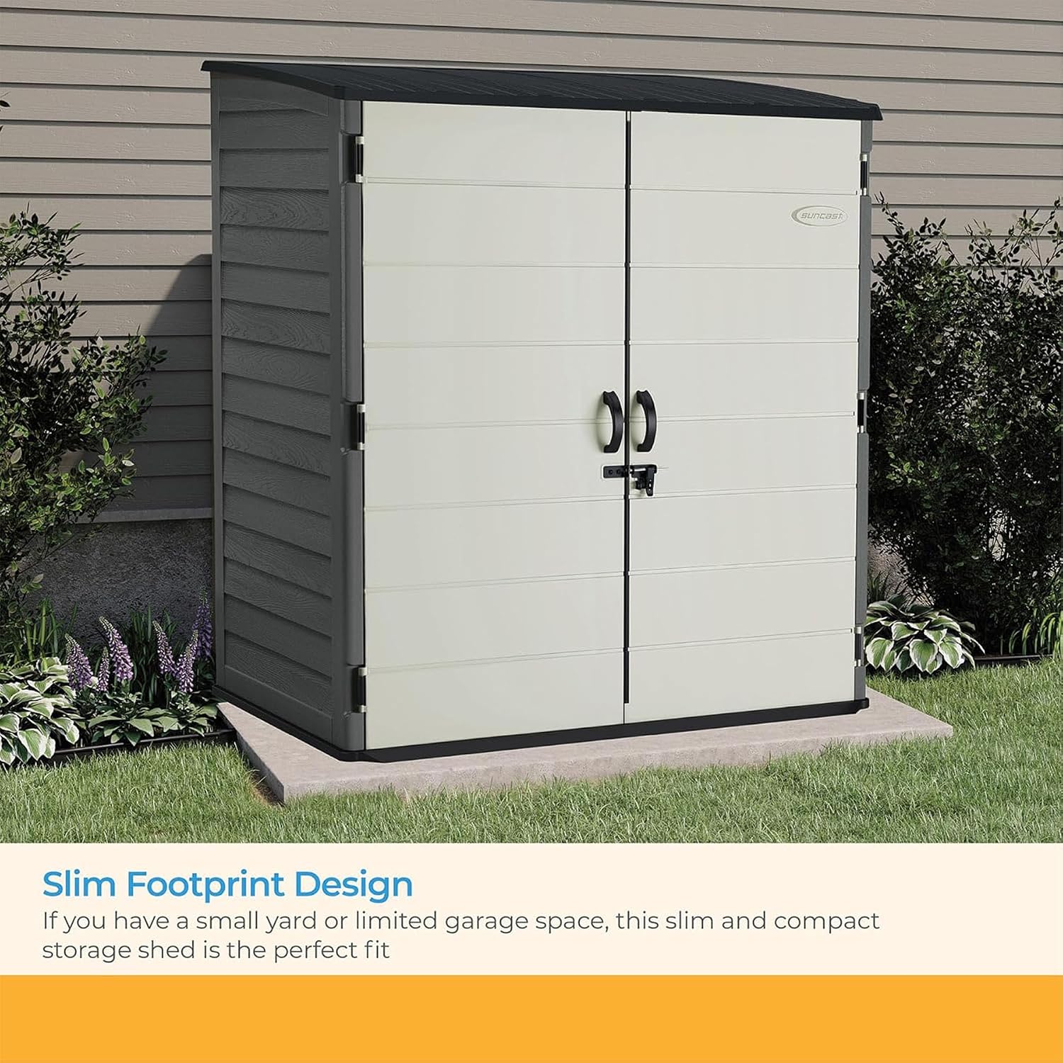 Suncast 106 Cu Ft Extra Large Vertical Outdoor Storage Shed - Resin Shed & Outdoor Storage with Floor and Lockable Double Doors, Weatherproof for Garden Tools, Pool Equipment, & Patio Cushions