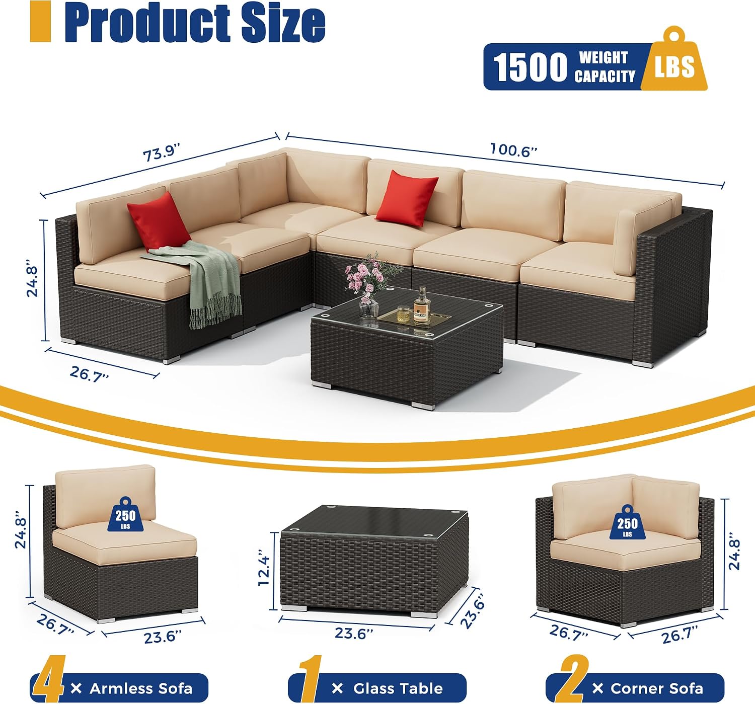 Incbruce 7-Piece Patio Furniture Set, All-Weather Conversation Set, PE Wicker Rattan Outdoor Sectional Couch with Glasstop Table and Removable Cushions (Brown)