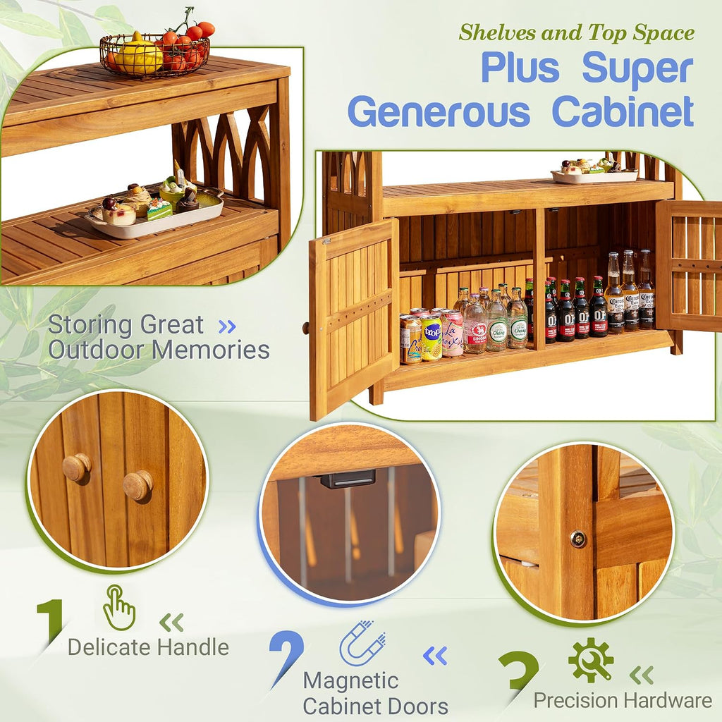 Greesum 2-Tier Outdoor Storage Cabinet in Acacia Wood, with 2 Magnetic Doors, for Garden, Picnic, Buffet, TV Stand, or Bar Table, Light Brown