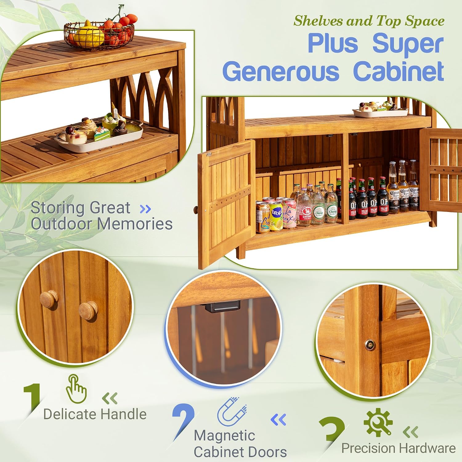 Greesum 2-Tier Outdoor Storage Cabinet in Acacia Wood, with 2 Magnetic Doors, for Garden, Picnic, Buffet, TV Stand, or Bar Table, Light Brown