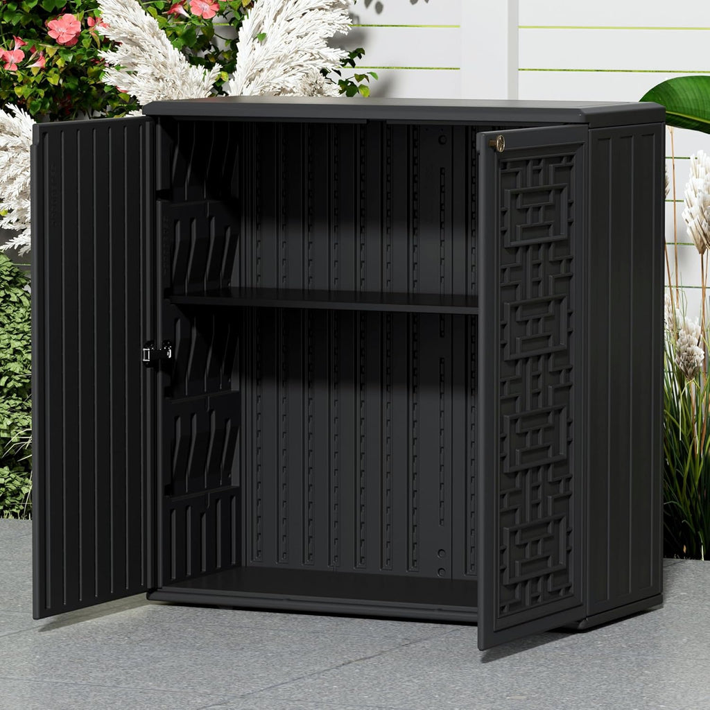 Mrosaa Outdoor Storage Cabinet Waterproof with Shelf,Resin Storage Sheds Outdoor Cabinets for tub Towels/Chemicals/Grill Items/Patio/Garden/Backyard, Size 34.3''L*15''W*36.2''H（Black）
