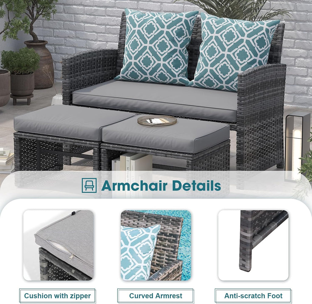OC Orange-Casual Patio Furniture Sets,8 Pieces Conversation Set, Outdoor Wicker Bistro Set, All Weather Sectional Loveseat Chairs with Ottoman & Coffee Table, Grey Rattan with Light Grey Cushion