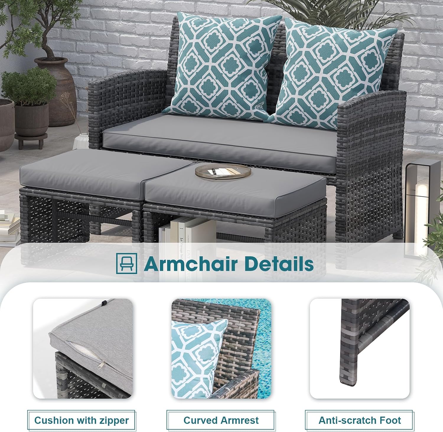 OC Orange-Casual Patio Furniture Sets,8 Pieces Conversation Set, Outdoor Wicker Bistro Set, All Weather Sectional Loveseat Chairs with Ottoman & Coffee Table, Grey Rattan with Light Grey Cushion